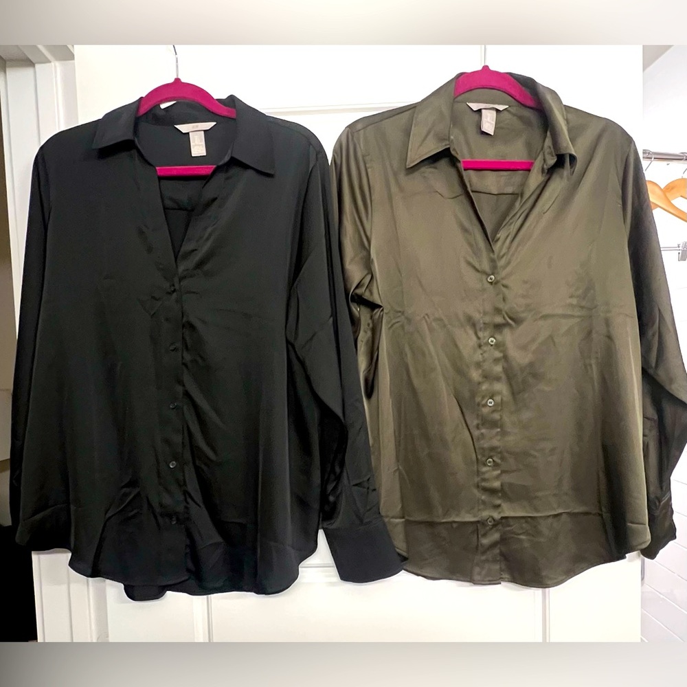 H&M Womens Satin Silk Long Sleeve Blouses Olive Green & Black.•Size L